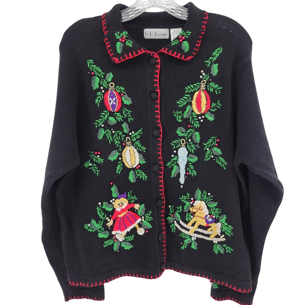 B.P. Design Vintage Christmas Cardigan Sweater Black Embroidered Beaded XL